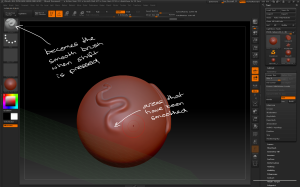 Hold shift to activate the sculpting-smoothing brush, which smooths geometry.