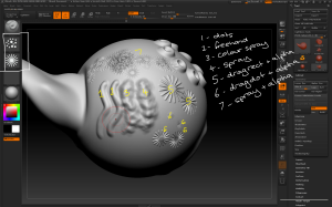 Strokes and alphas can be combined with sculpting brushes to get different effects.
