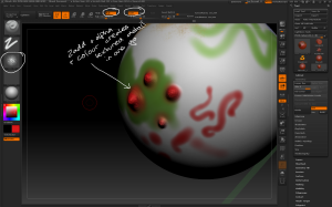 Use Zadd/Zsub in conjunction with polypainting to sculpt and colour detail in one go.